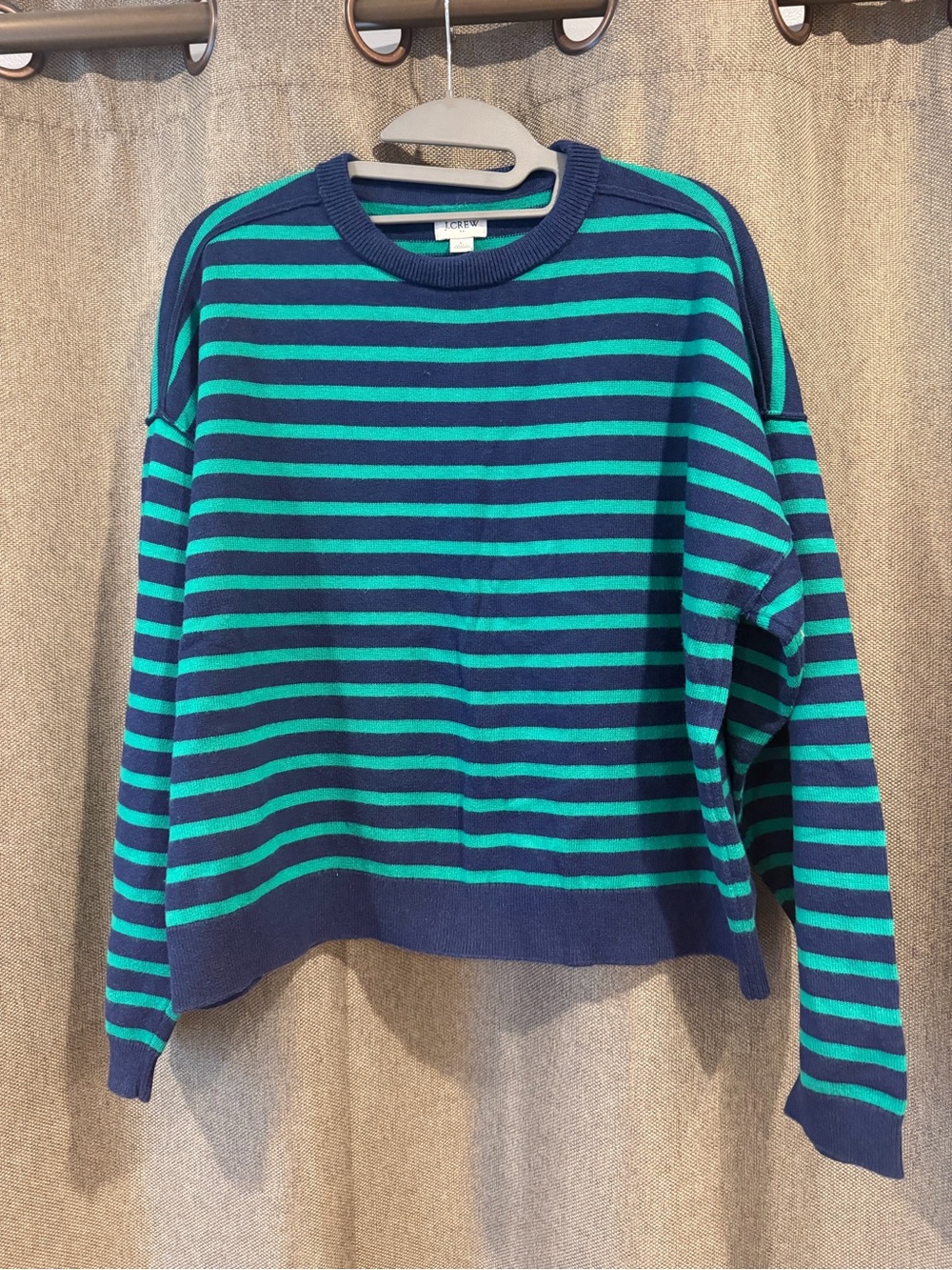 J. Crew Women's Navy and Teal Striped Crewneck Sweater